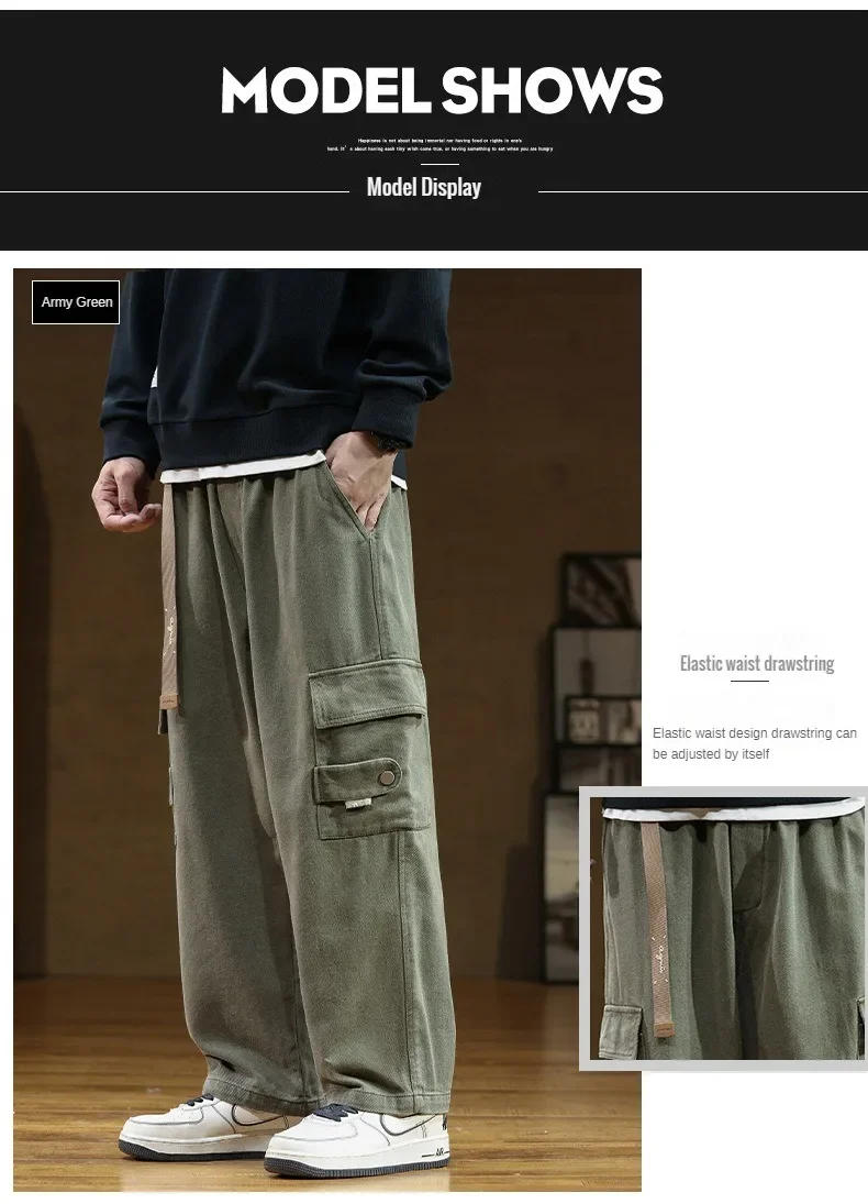 Description Picture 6 of item2024 New Men Cargo Pants Cotton Straight Wide Leg Oversize Pants Male Korean Style Autumn Big Size Fashion Pockets Casual Pants