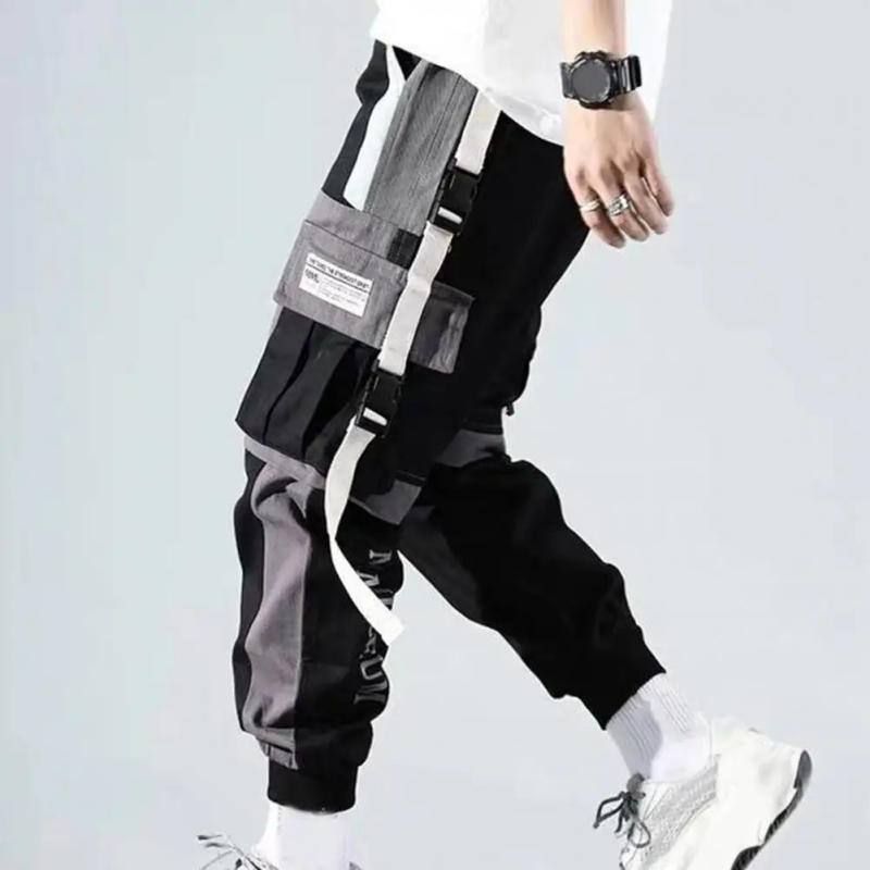 Description Picture 2 of itemMen Color-blocked Cargo Pants Men's Cargo Pants with Multi Pockets Deep Crotch Buckle Decor Warm Stylish Streetwear for Hip