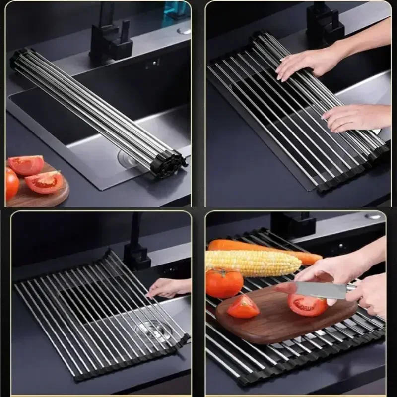 Description Picture 6 of itemFoldable Kitchen Dish Drying Rack Stainless Steel Bowl Fruit Vegetable Dish Holder Sink Roller Organizer Basket Racks Tool