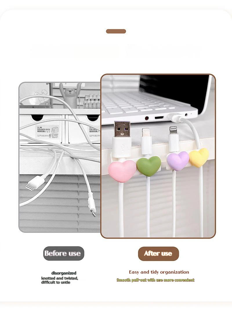 Description Picture 2 of item3d Heart Desktop Cable Organizer Data Cable Retainer Perforation-free Home Self-adhesive Mobile Phone Charging Cable Fixing Clip