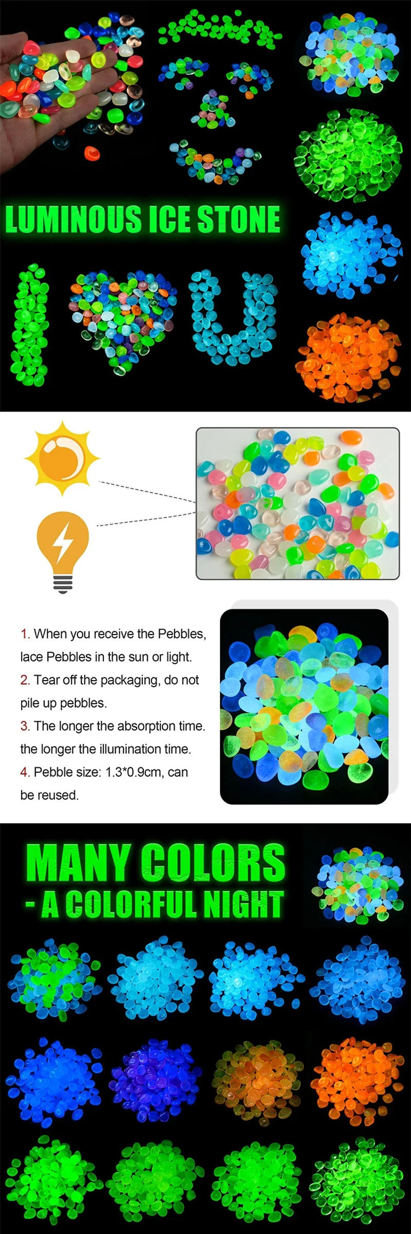 Description Picture 2 of item100Pcs Glow in the Dark Garden Pebbles For Sidewalk Garden Terrace Lawn Garden Patio Fish Tank Aquarium Decoration Glow Stone