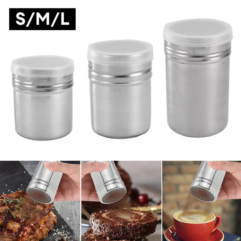 Description Picture 4 of itemStainless Steel Coffee Shaker Cocoa Chocolate Flour Powdered Sugar Sieve Filters Foam Spray Kitchen Cake BBQ KitchTools With Lid