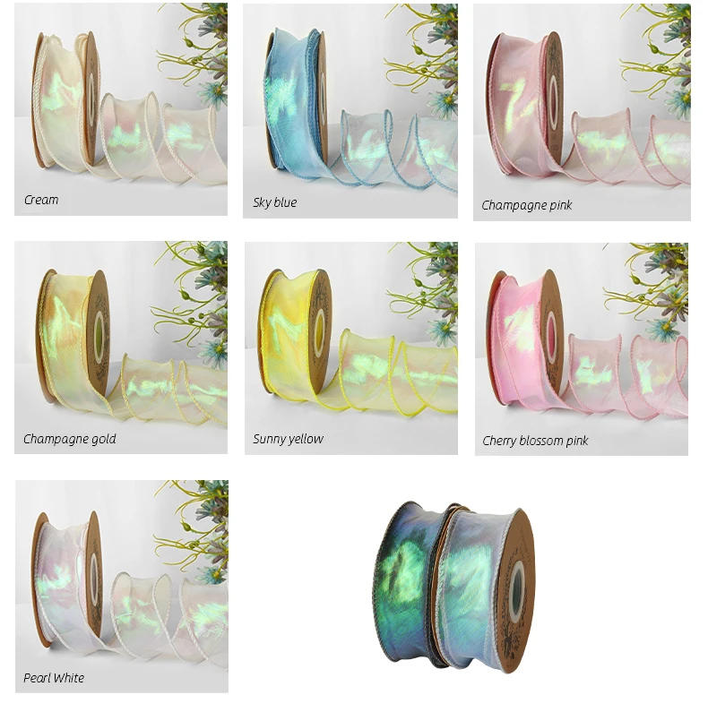 Description Picture 4 of itemIridescent Fishtail Yarn Gift Ribbons for Flowers Bouquet Packaging Organza Wired Ribbon for Valentine's Day Wedding Decorations