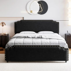 Queen Size Bed Frame w Headboard, Velvet Upholstered Platform Bed w Rivet Decor, Heavy Duty, No Box Spring Needed, Easy Assembly
