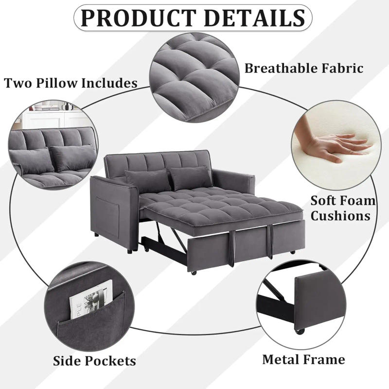Description Picture 3 of item3 in 1 Pull Out Convertible Sofa Bed - 55"Velvet Sleeper Sofa with Adjustable Backrest,Tufted Love Seat w/ 2 Pockets ＆ 2 Pillows