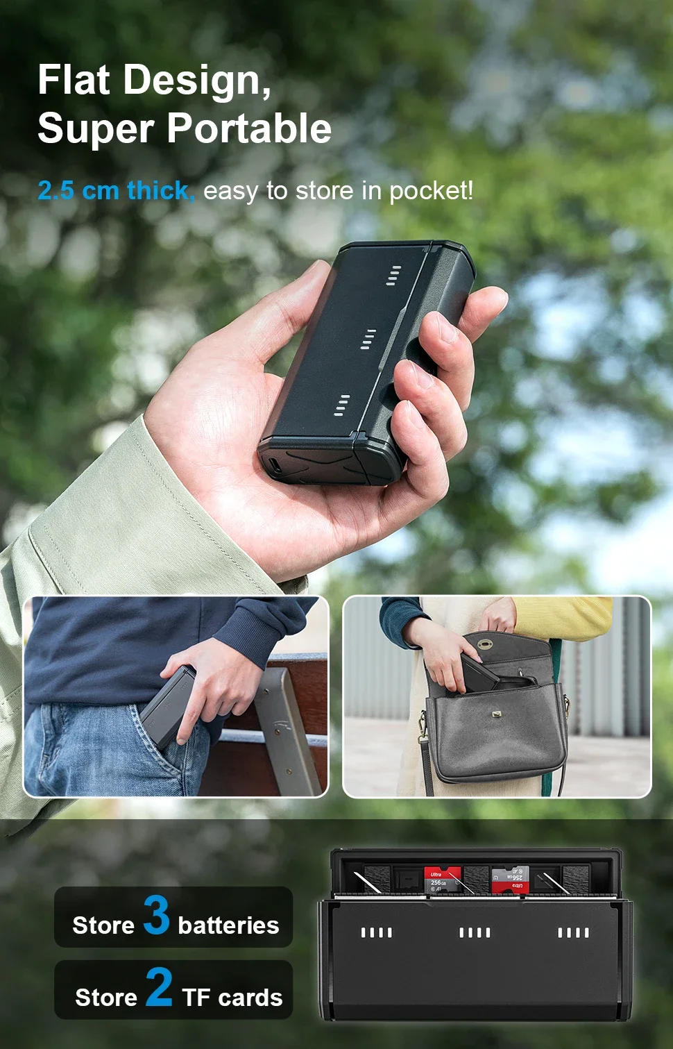 Description Picture 3 of itemTELESIN Portable Battery Charger for Gopro Hero 13 Black TF Card Storage 3-Slots Smart Charging Case Action Camera Accessories