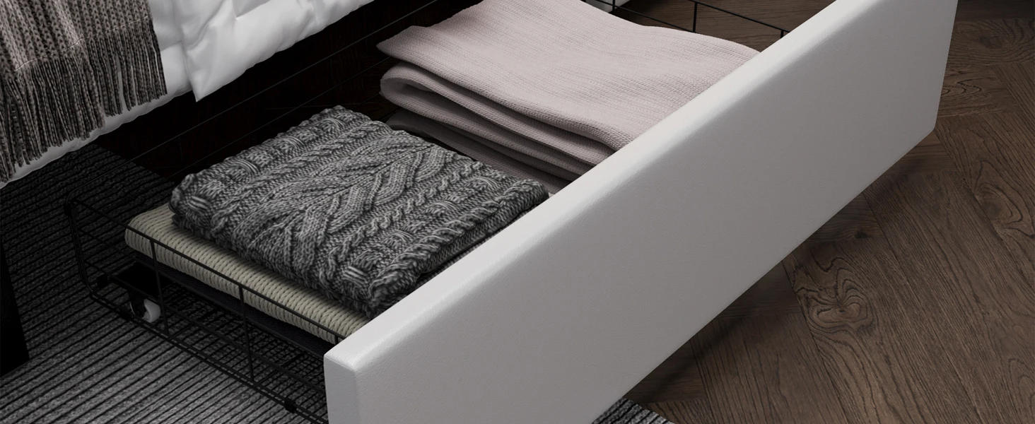 Description Picture 6 of itemFull Size Bed Frame with RGB LED Lights Headboard, 2 Storage Drawers, Upholstered Faux Leather, USB Ports, No Box Spring, White