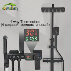 Black Thermostatic Shower Faucet Set Brass Digital Display Hot Cold Mixer Bathroom Systems Rainfall ABS Plastic Shower Head
