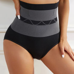 Women Striped Trim High Waist Panties Body Shaper Flat Belly Shaping Briefs Tummy Control Shapewear