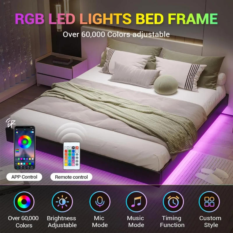 Description Picture 4 of itemFloating Bed Frame with LED Lights Modern Upholstered Platform Bed Frame no Headboard Faux Leather Queen Led Visual Floating Bed