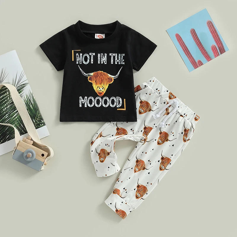 Description Picture 2 of itemBoys Girls Pants Suit Casual Street Party Short Sleeve Kids Tops Bull Print Long Pants