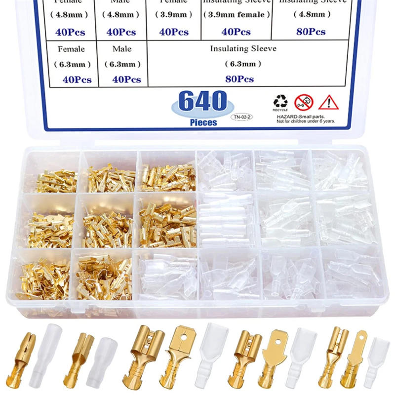 Description Picture 2 of item640Pcs 2.8/4.8/6.3mm Male and Female Spade Connector& Bullet Connectors Terminals Wire Crimp Terminal with Insulating Sleeve Kit