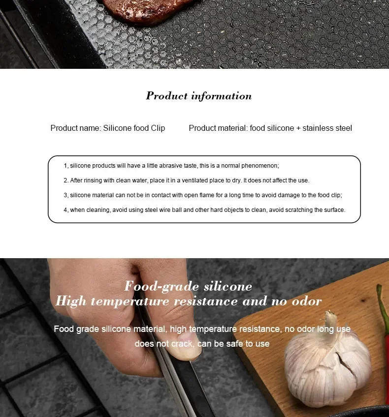 Description Picture 3 of item1PC Silica Gel Stainless Steel Black Baked Salad Accessories Kitchen Tools Bread Clip Home Party Picnic BBQ Clip Roast Steak