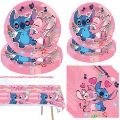 41pcs Pink Stitch Tableware Set Cartoon Themed Disposable Plates Napkins Tablecloth Baby Shower Kids Birthday Party Decorations