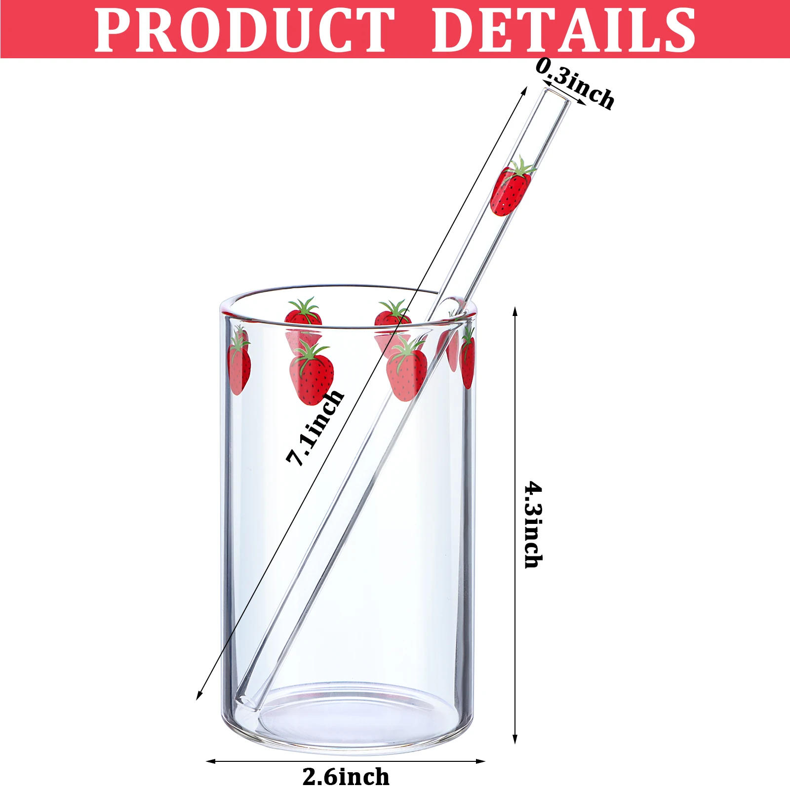 Description Picture 4 of item1-6pcs 300ml Strawberry Coffee Mugs Cute Glass Cup with Straw Creative Transparent Water Drinking Student Milk Gift Drinkware