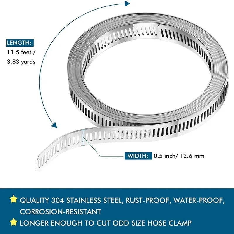 Description Picture 6 of itemNEW 304 Stainless Steel Hose Clamp Strap with Fasteners Worm Clamp Adjustable Worm Gear Pipe Ducting Hose Clamp 9.8-34.4 Feet