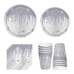 10Guests Silver Diamond Disposable Tableware High Quality Shiny Diamond Paper Plate Wedding BridalShower Birthday Party Supplies