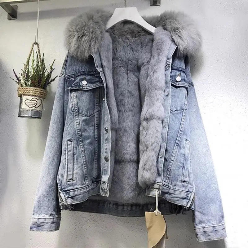 Description Picture 2 of itemLarge fur collar denim jacket for women short 2024 winter new all-match loose plus velvet thickened cotton coat