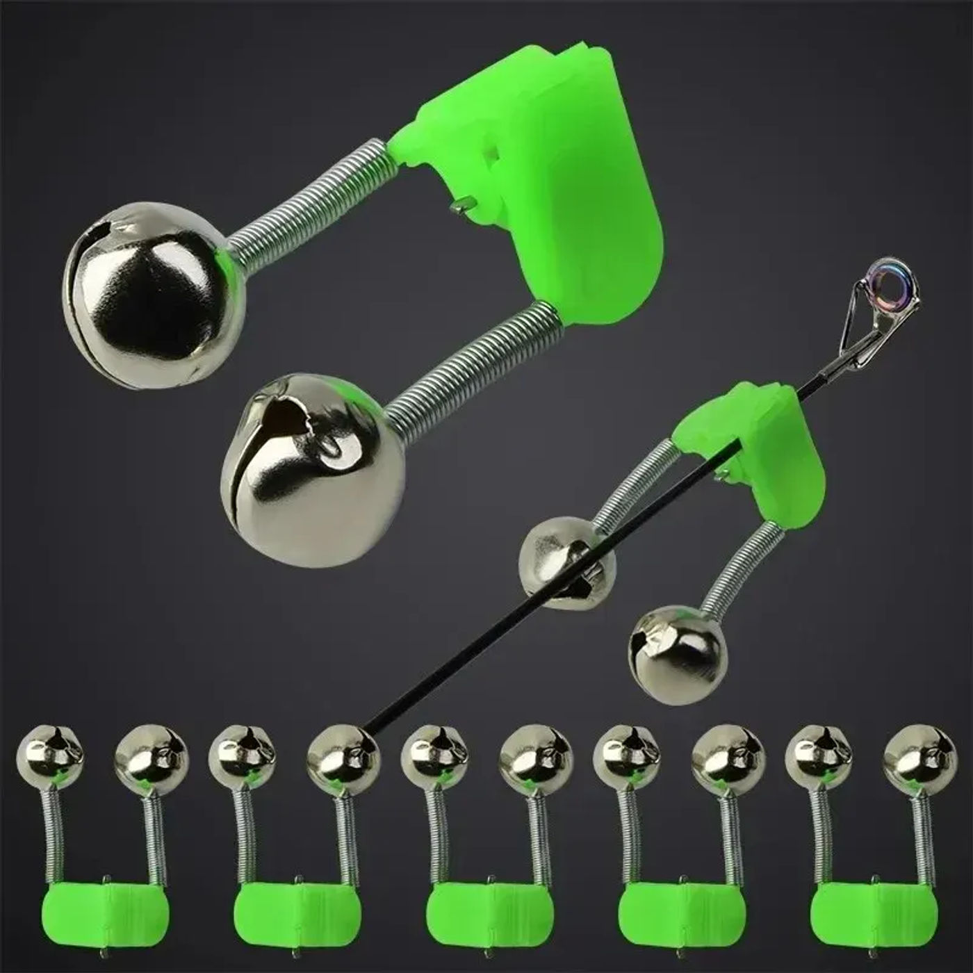 Description Picture 2 of item10Pcs/Lot Fishing Bite Alarms Rod Bell Rod Clamp Tip Clip Bells Ring Green ABS Fishing Accessory Gifts Outdoor Metal