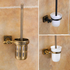 Tuqiu Antique Toilet Brush Holder with Brush Aluminum Carved Bathroom Toilet Scrub Cleaning Brush Holder Set