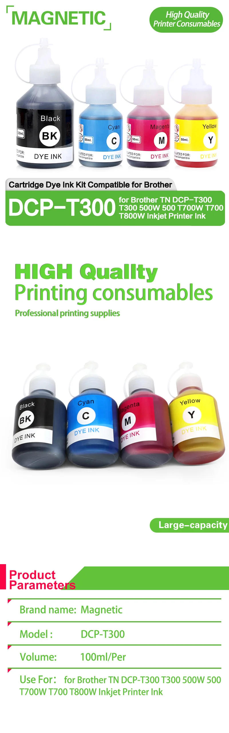Description Picture 3 of itemRefilled Dye Ink Kit Compatible for Brother TN DCP-T300 T300 500W 500 T700W T700 T800W Inkjet Printer Ink