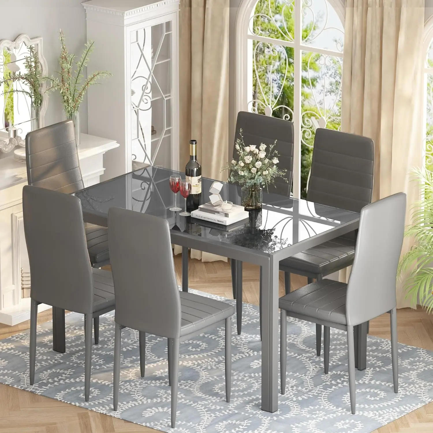 Description Picture 3 of item7 Piece Kitchen 6 Person, Tempered Glass Table and PU Leather Chairs Modern Dining Room Sets for Small Space, Dining Table Set
