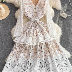 French Chic Maxi Dress for Women Crochet Hollow Out Ruffles Female Cake Dresses V-neck Long Sleeve Sashes Vestidos Dropshipping