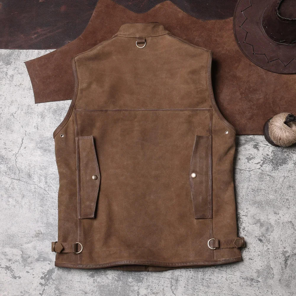 Description Picture 6 of itemOutdoor Workwear Leather Vest, Retro Hunting Suit with Multiple Pockets, Cowhide Vest, Men's Genuine Leather Sleeveless
