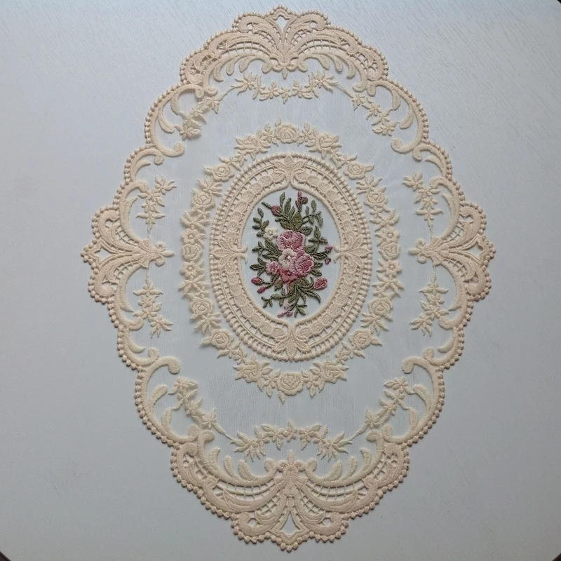 Description Picture 6 of itemEuropean Oval Lace Embroidered Coaster Bedroom Study Kitchen Cup Table Mat Food Fruit Plate Cover Cloth Christmas Decoration
