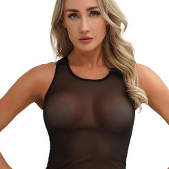 Women's Mesh Sheer Slim Fit Tank Top Solid Color U Neck Sleeveless Crop Top Nightwear Pool Party Vest Tops Bralette Lingerie