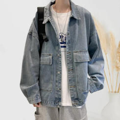 Denim Jacket Outfit Casual Denim Jacket Stylish Men's Denim Jacket with Lapel Collar Flap Pockets for Spring Autumn Casual