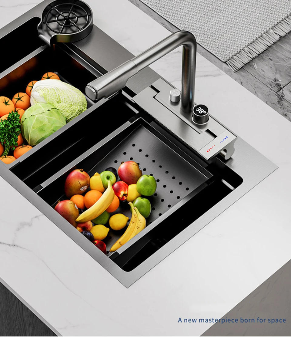 Description Picture 2 of itemRain Waterfall Kitchen Faucet Kitchen Sink Washing Pool Tap Single Hole Pull Out Temperature Digital Display Bathroom Faucet