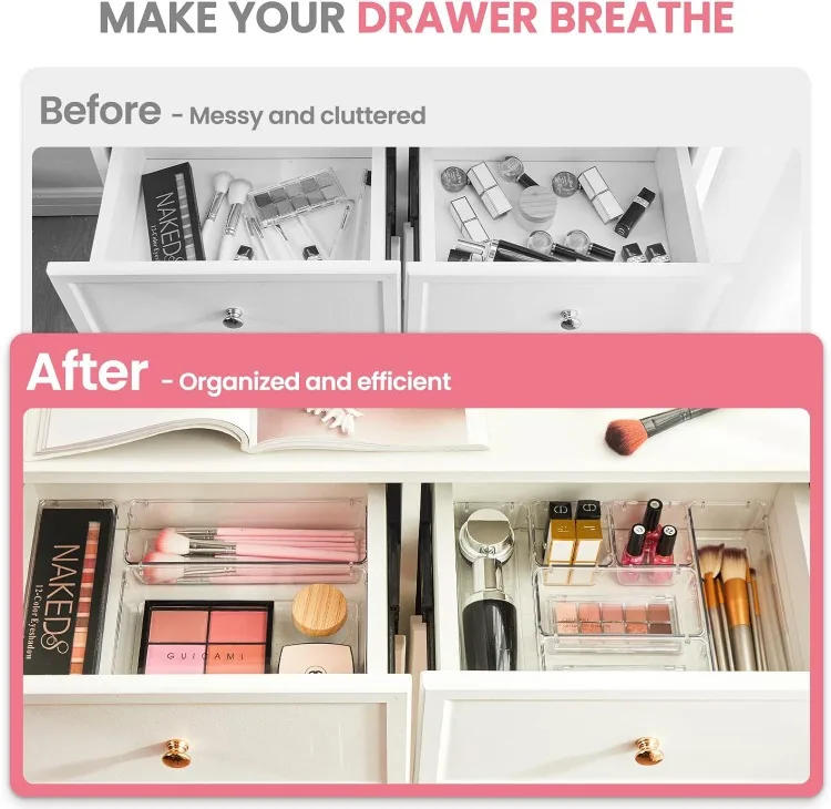 Description Picture 6 of itemClear Plastic Drawer Organizers Desk Dividers Bins Home Dresser Office Kitchen Drawer Separator Makeup Jewelry Organization Gadg