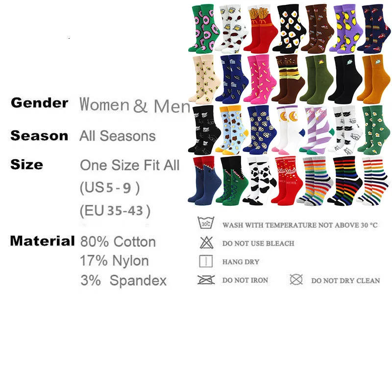 Description Picture 2 of itemHot Sale Funny Harajuku Women Casual Cartoon Fruit Sock Banana Avocado Lemon Egg Cookie Donuts Colorful Japanese Skateboard Sock
