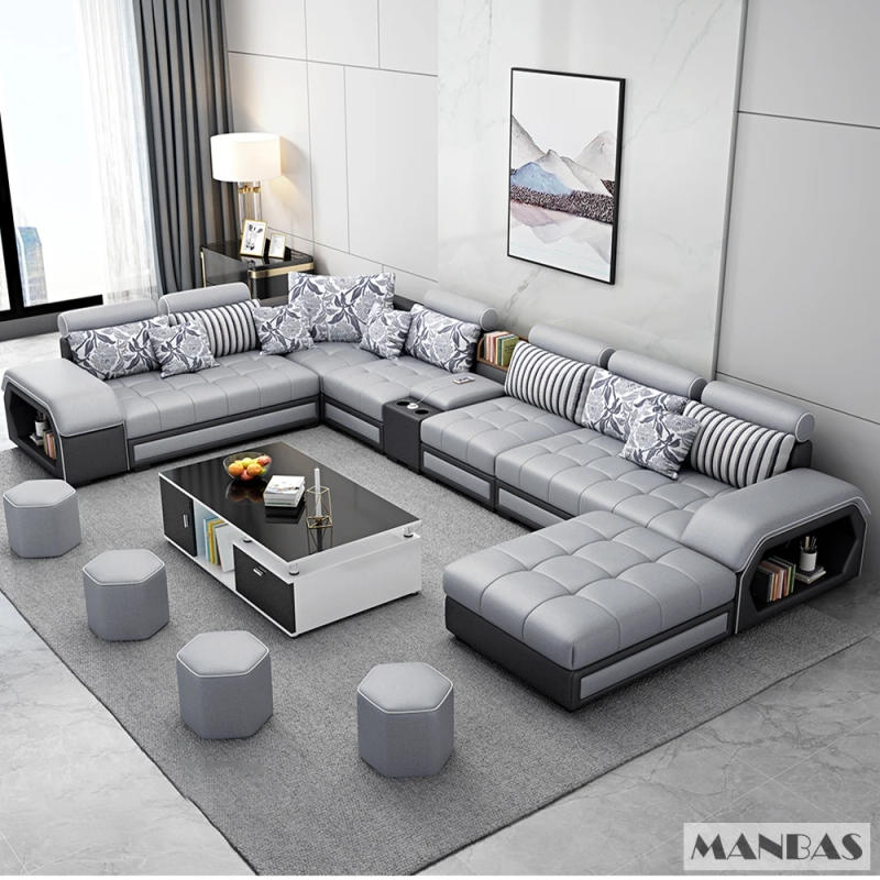 Description Picture 4 of itemMINGDIBAO Fabric Sofa Set Furniture Living Room Sofa Set with USB and Stools / Big U Shape Cloth Couch Sofas for Home Furniture