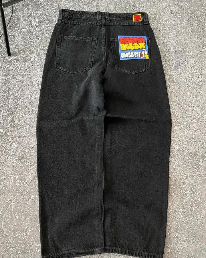 Description Picture 2 of itemStreetwear Empyre Jeans Y2K Hip Hop Gothic Cartoon Graphic Embroidered Baggy Jeans Black Pants Mens Womens New Wide Leg Trouser