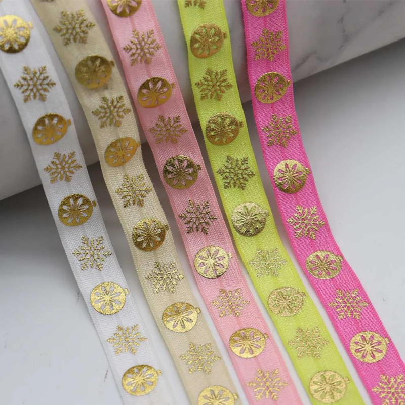 Description Picture 4 of item5/8'' 15MM Gold Foil Christmas Snowflake Printed Fold Over Elastic Band FOE Ribbon For Christmas Decoration DIY Sewing
