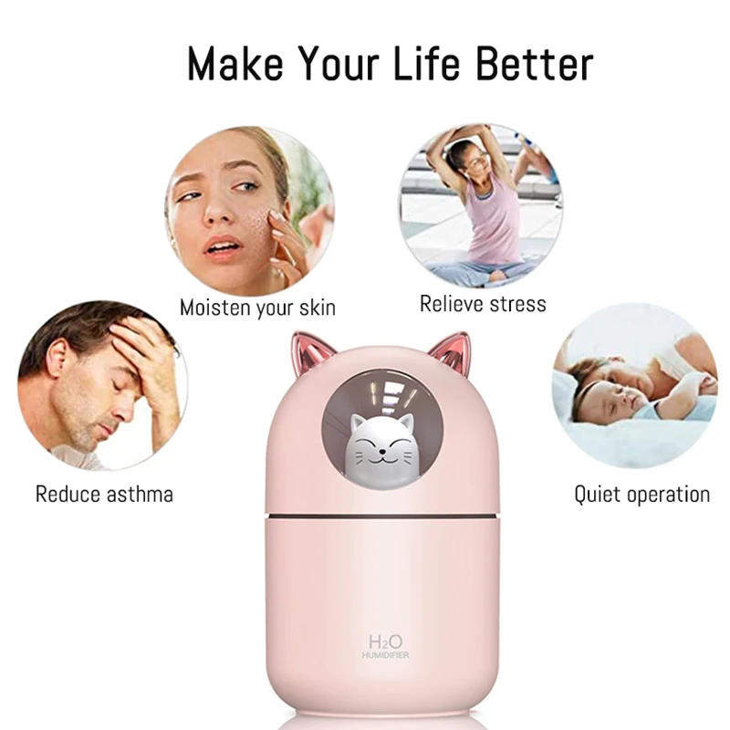 Description Picture 5 of item300ML  Air Humidifier Cute Cat Ultra-Silent USB Office Household Bedroom Car Aromatherapy Air Purifier with Led Cool Mist Spray