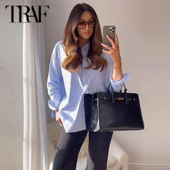 TRAF Women Shirts Shirts & Blouses Spring Summer 2025 Blue Oversized Shirt Button Up Long Sleeve Blouses Chic Casual Tops Shirts