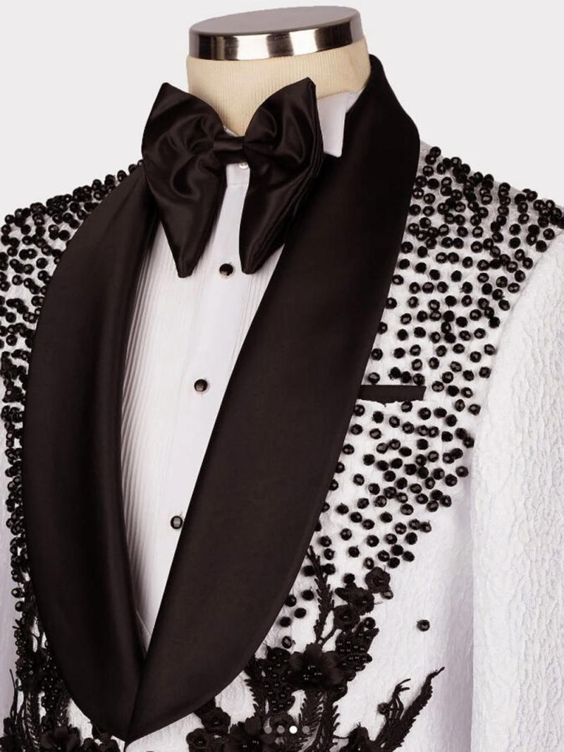 Description Picture 4 of itemBlack Pearls Appliques Beaded Wedding Suits For Men Slim Fit Black Shawl Lapel Jacket Pants 2 Pieces Groom Tuxedos Man Clothing