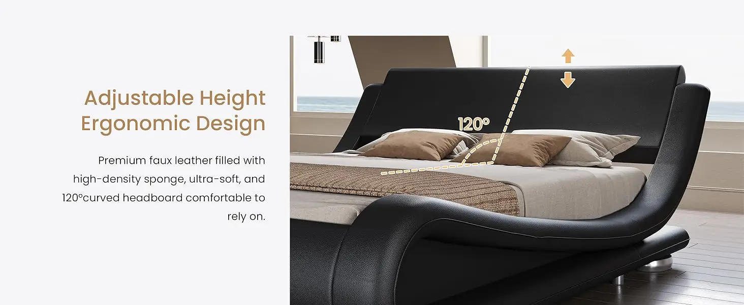 Description Picture 3 of itemSHA CERLIN King Upholstered Bed Frame, Low Profile Sleigh Bed, Faux Leather Headboard, No Box Spring Needed, Easy Assembly,Black