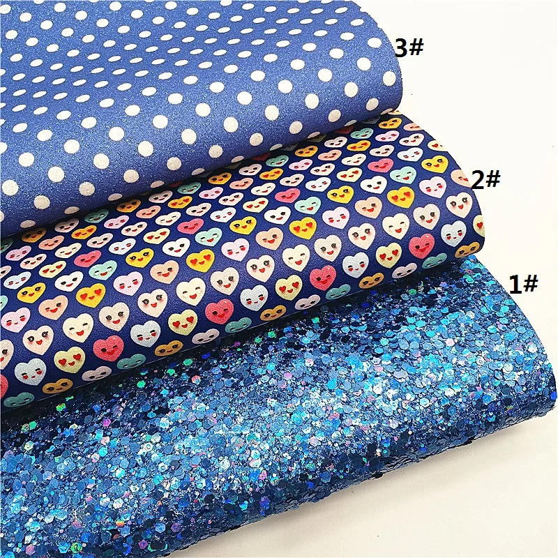 Description Picture 2 of itemIridescent Blue Glitter Leather Hearts Dots Flowers Printed Synthetic Leather Smooth Faux Leather DIY Craft Sheet Mini Roll W431