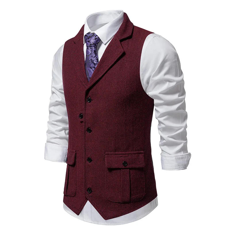 Description Picture 3 of itemMen Suit Vest Herringbone Fabric Waistcoat Business Wedding Casual Turndown  Collar Men's Dress Blazer Vests Formal Party V07