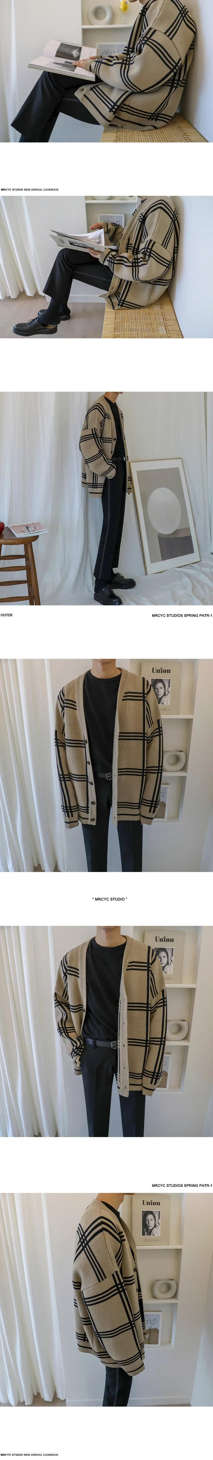 Description Picture 6 of item2023 Winter New Cardigans Sweater for Men Retro Loose Casual Korean Fashion V-neck Plaid Line Cardigan Knitted Sweater Men Coats