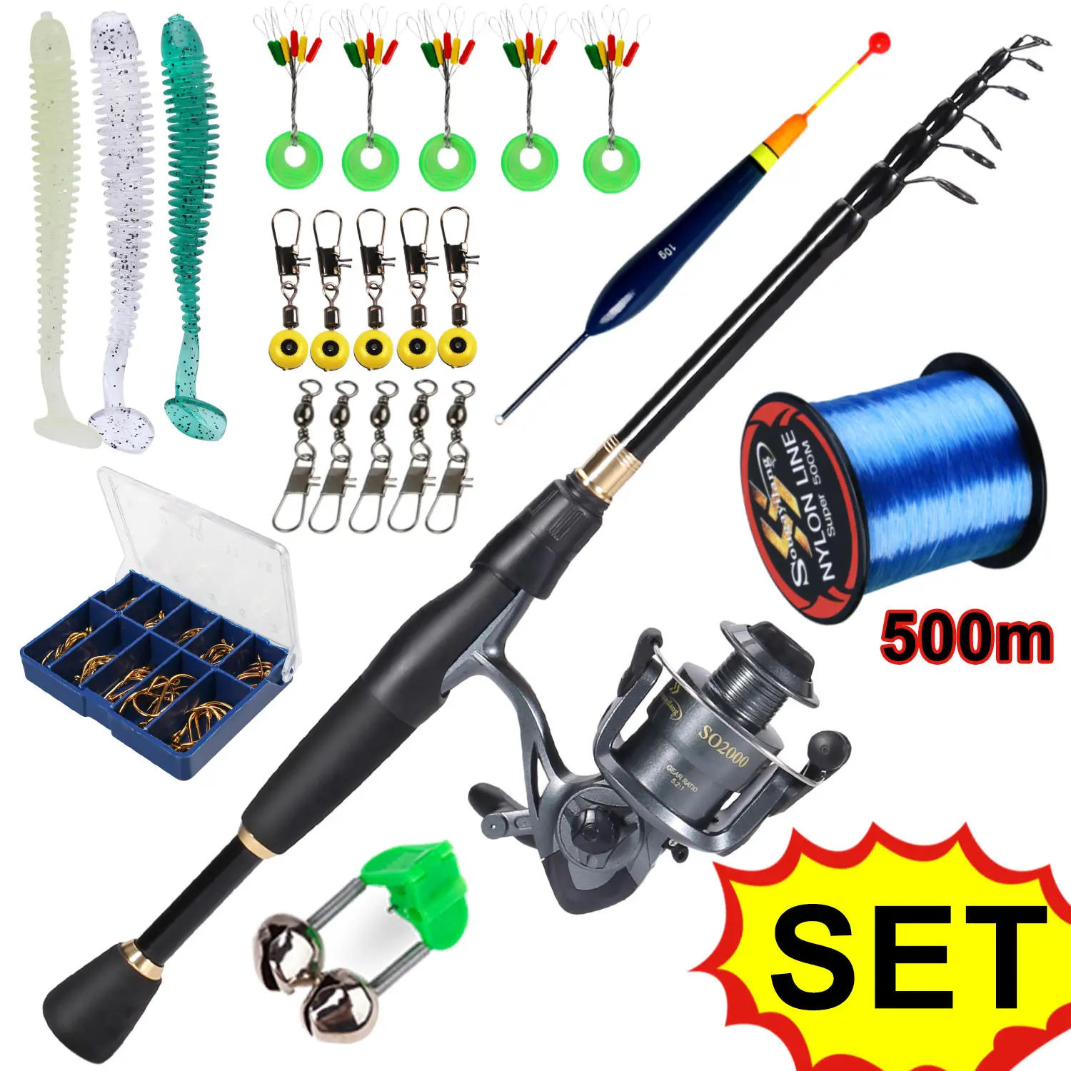 Description Picture 4 of itemSougayilang Telescopic Fishing Combo 1.8-2.4m Carbon Fiber Rod and 5.2:1 6BB Spinning Reel with 500m Fishing Line Accessories