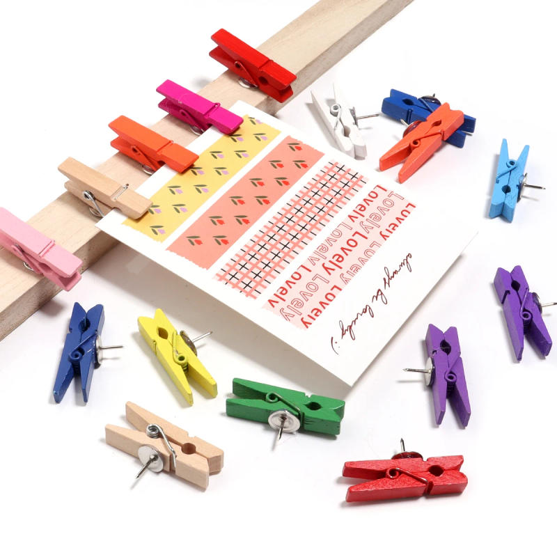 Description Picture 3 of item20Pcs/Lot Wooden Clips With Thumbtack Push Pin Clips For DIY Ornaments Photo Wall Home Decorating Clamp Craft Securing Clip Tool