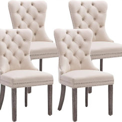 Velvet Dining Chairs Set of 4, Upholstered High-end Tufted Dining Room Chair with  Back Ring Pull Trim Solid Wood Le