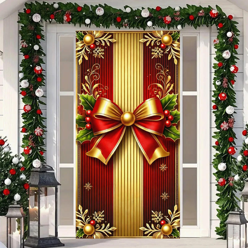 Description Picture 5 of itemRed Gold Color Christmas door covers with bows home wall party banners autumn and winter Christmas and New Year's decorations