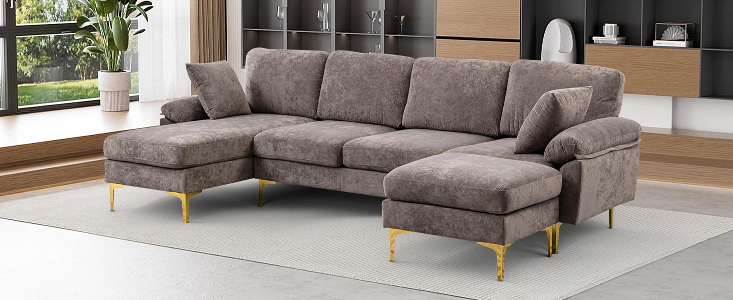 Description Picture 2 of itemU-Shaped Sectional Sofa Couch, 4 Seat Sofa Set for Living Room, Convertible L-Shaped Velvet Couch Set with Chaise Lounge