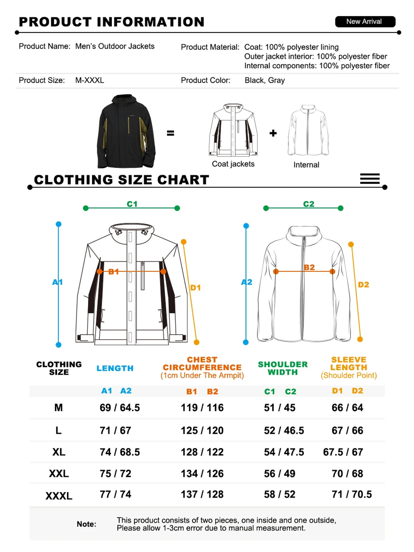 Description Picture 4 of itemBaasploa Men Jackets Windproof Waterproof Autumn Winter Comfort Warm Coats Two-In-One Disassemble Windbreaker Men Hiking Outdoor